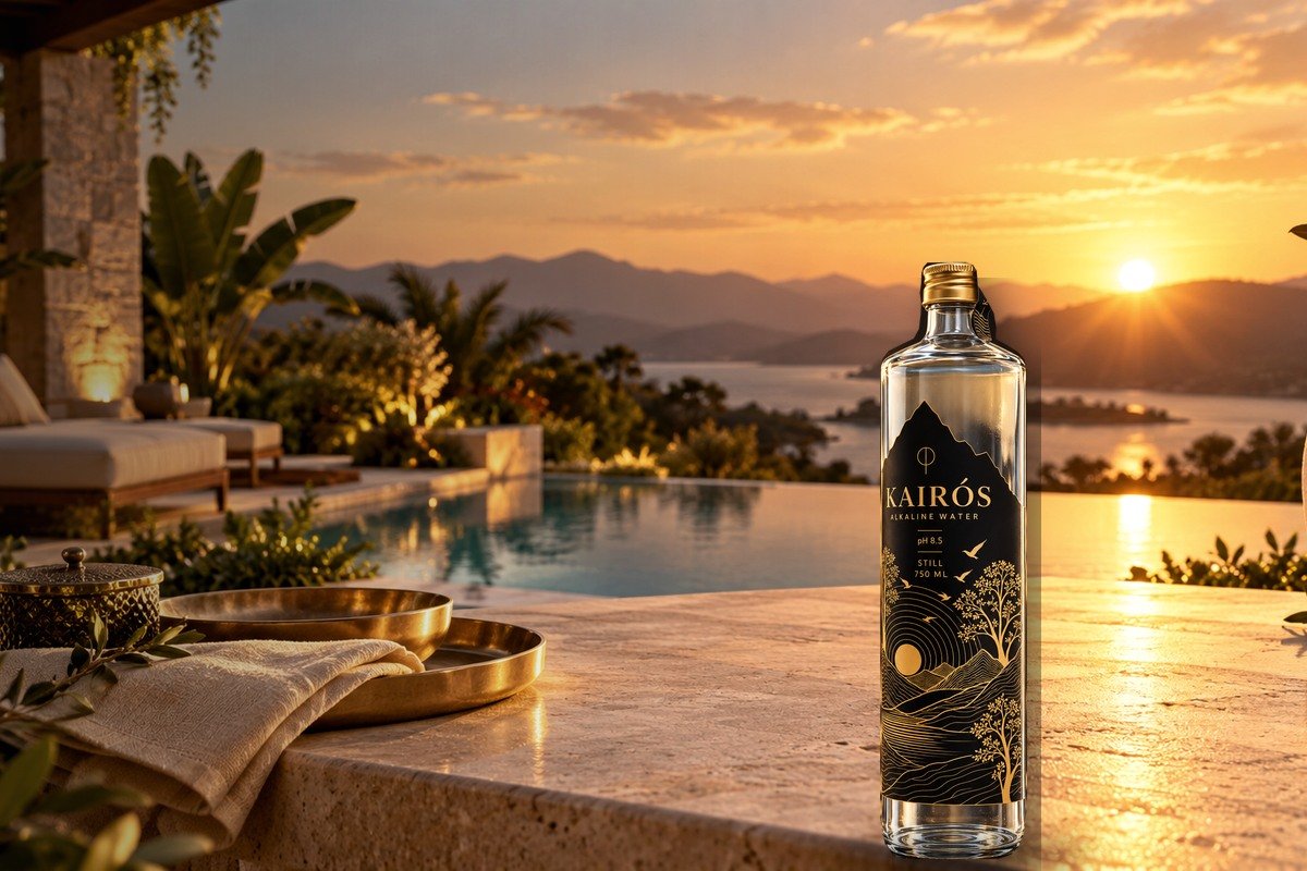 Kairós bottle on a luxury resort terrace overlooking a mountain lake